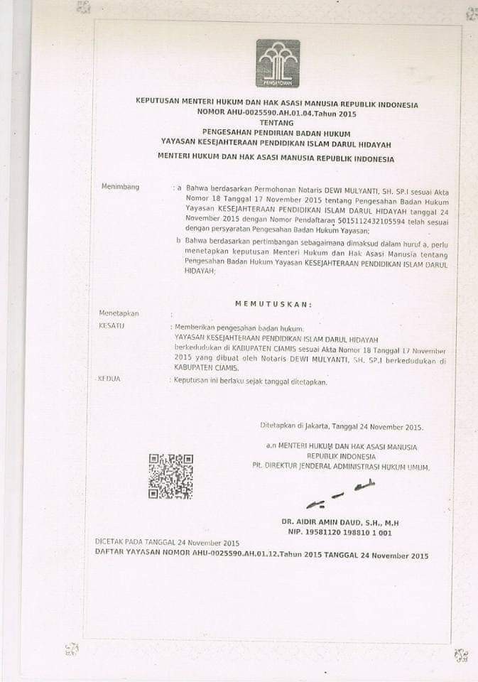 SK Kemenkumham YKPI Darul Hidayah